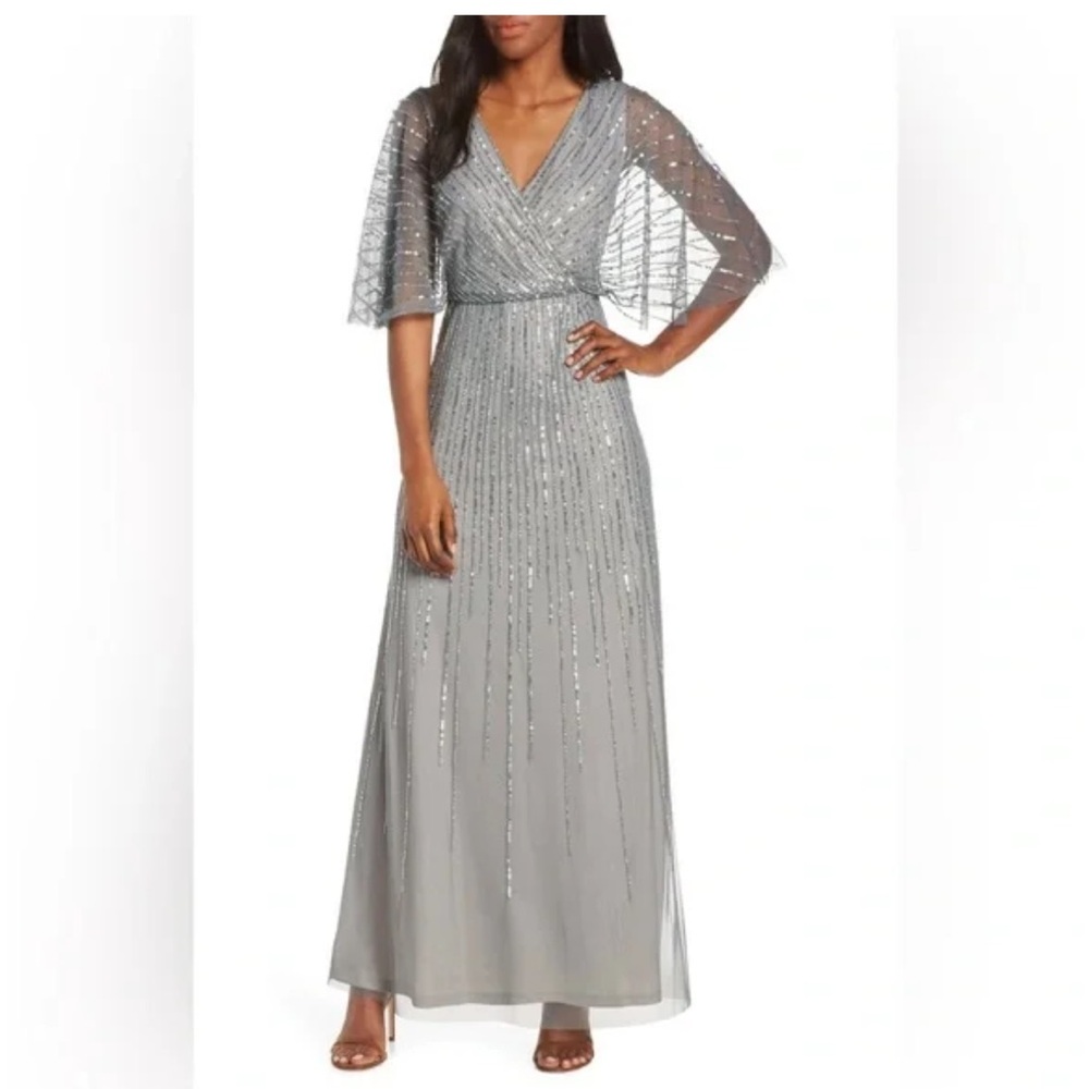 Adrianna Papell sequin V-neck gown- Sterling gray over nude lining-